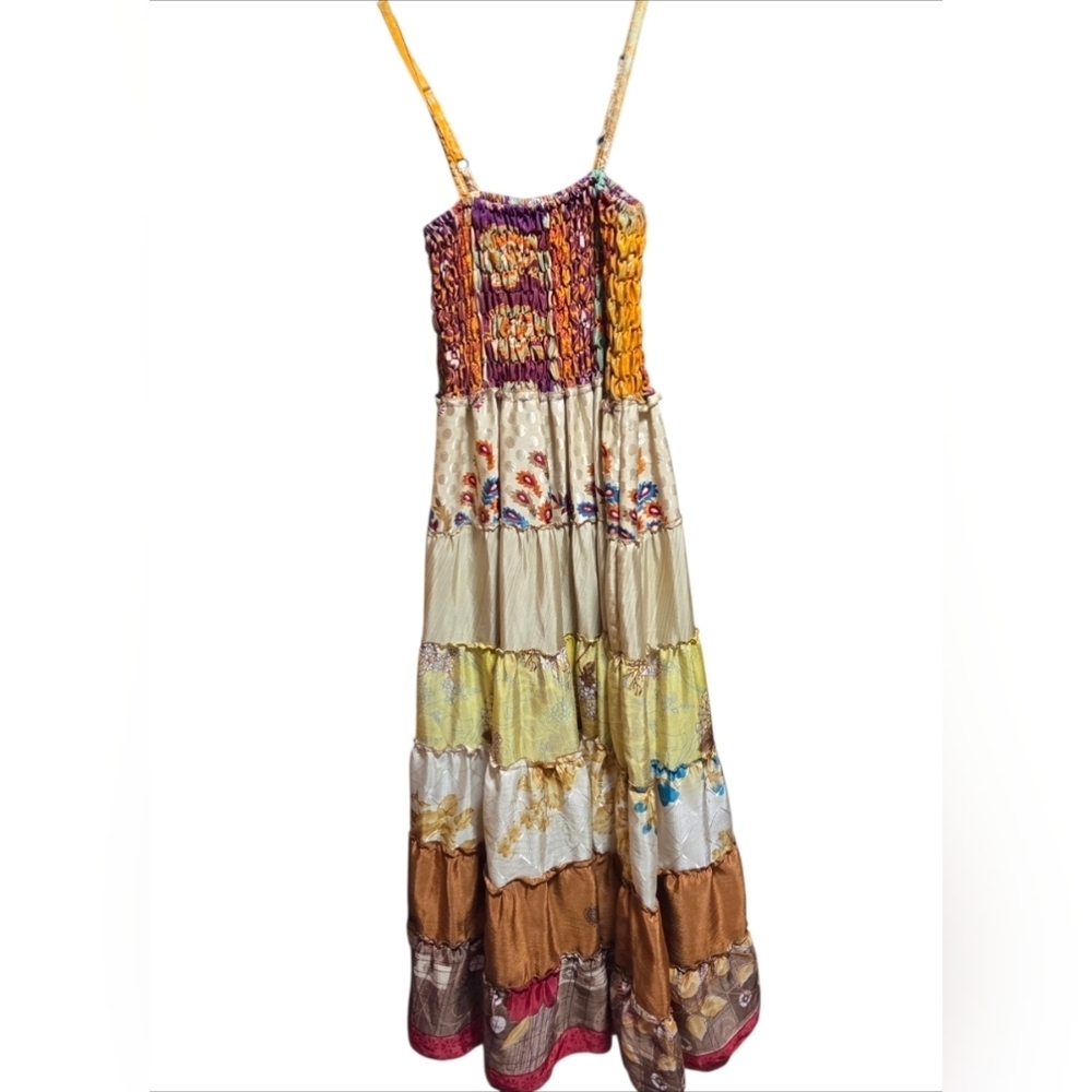 Silk Smocked Patchwork Colorful Tiered Maxi Dress Kathmandu Imports Boho XS/S - Picture 3 of 8